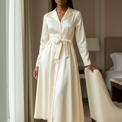 Satin Kleid - Karamellfarbenes Satin Midikleid Langarm - Ansicht 1