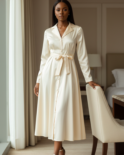 Satin Kleid - Karamellfarbenes Satin Midikleid Langarm - Ansicht 1