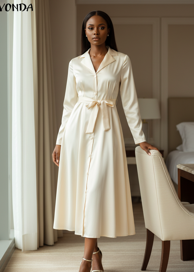 Satin Kleid - Karamellfarbenes Satin Midikleid Langarm - Ansicht 1