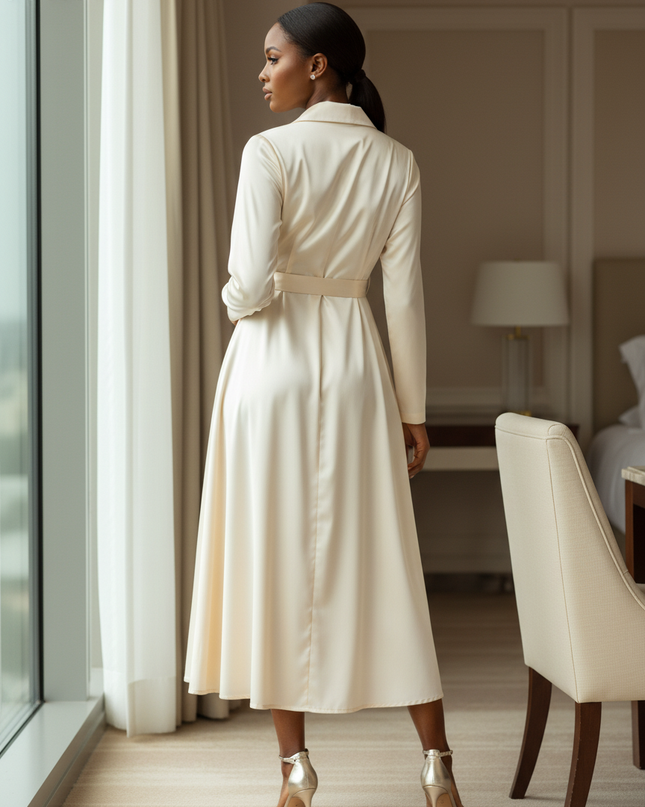 Satin Kleid - Karamellfarbenes Satin Midikleid Langarm - Ansicht 2