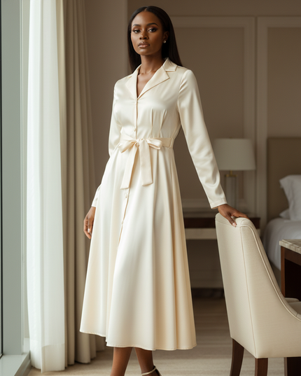 Satin Kleid - Karamellfarbenes Satin Midikleid Langarm - Ansicht 3