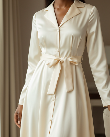 Satin Kleid - Karamellfarbenes Satin Midikleid Langarm - Ansicht 4