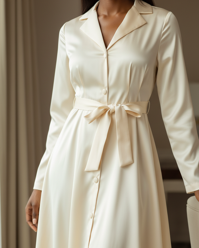 Satin Kleid - Karamellfarbenes Satin Midikleid Langarm - Ansicht 4