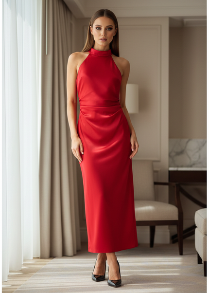 Satin Kleid Red - Satin Midikleid Rot - armelloses Bodycon elegant - Ansicht 1