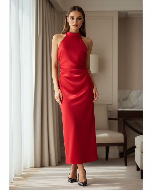 Satin Kleid Red - Satin Midikleid Rot - armelloses Bodycon elegant - Ansicht 1