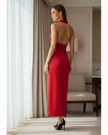 Satin Kleid Red - Satin Midikleid Rot - armelloses Bodycon elegant - Ansicht 2