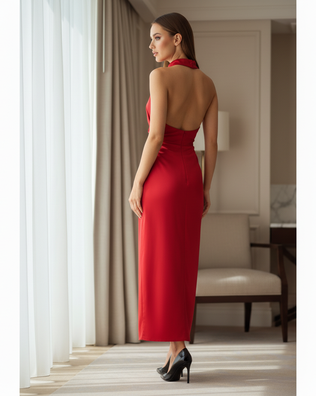 Satin Kleid Red - Satin Midikleid Rot - armelloses Bodycon elegant - Ansicht 2