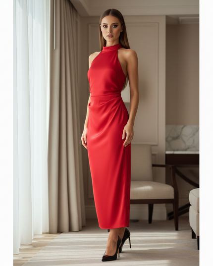 Satin Kleid Red - Satin Midikleid Rot - armelloses Bodycon elegant - Ansicht 3