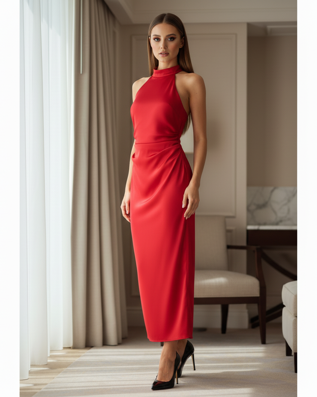 Satin Kleid Red - Satin Midikleid Rot - armelloses Bodycon elegant - Ansicht 3