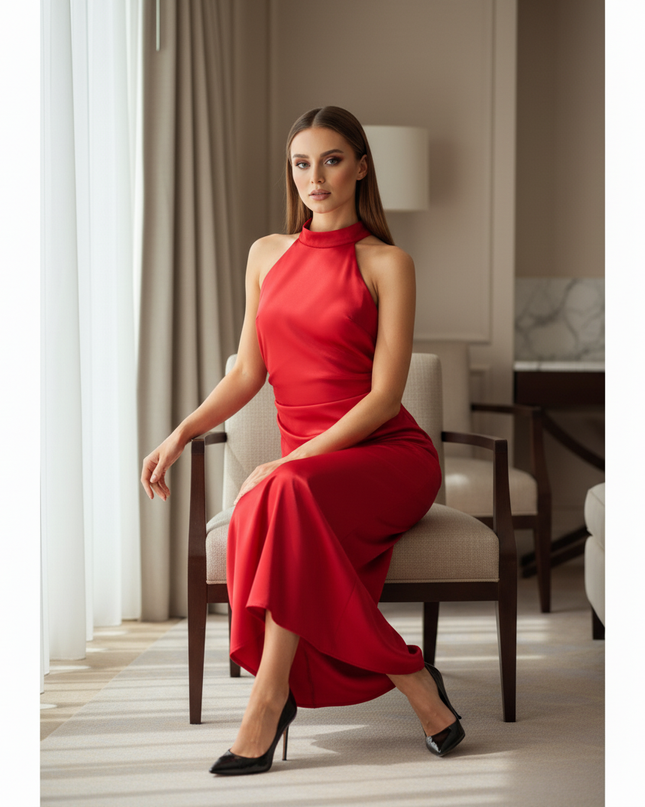 Satin Kleid Red - Satin Midikleid Rot - armelloses Bodycon elegant - Ansicht 5
