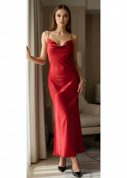 Satin Kleid Red - Satin Midikleid Rueckenfrei - Weinrot Cowl-Neck - Ansicht 1