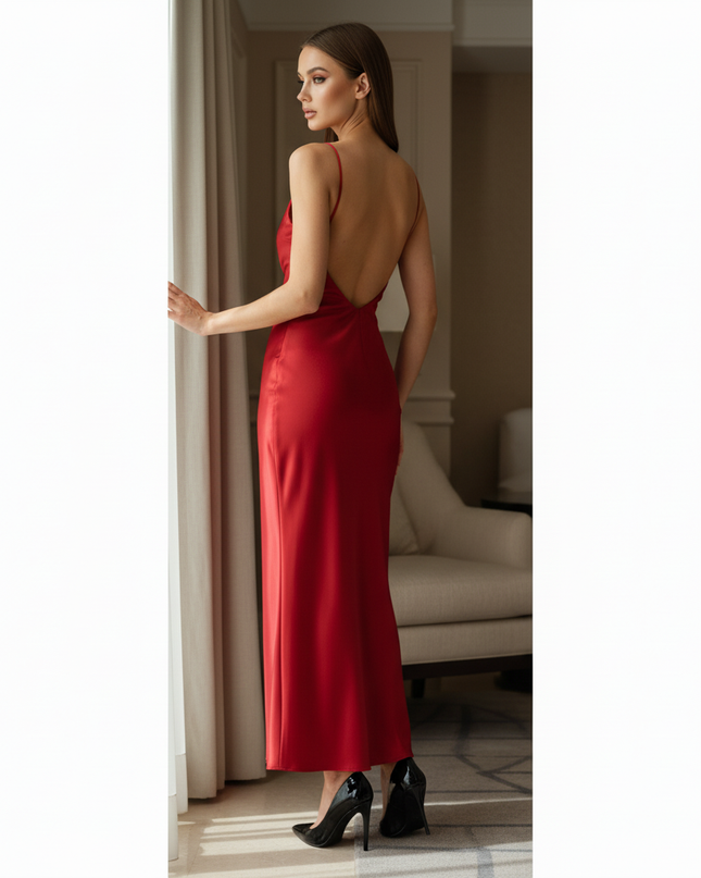 Satin Kleid Red - Satin Midikleid Rueckenfrei - Weinrot Cowl-Neck - Ansicht 2