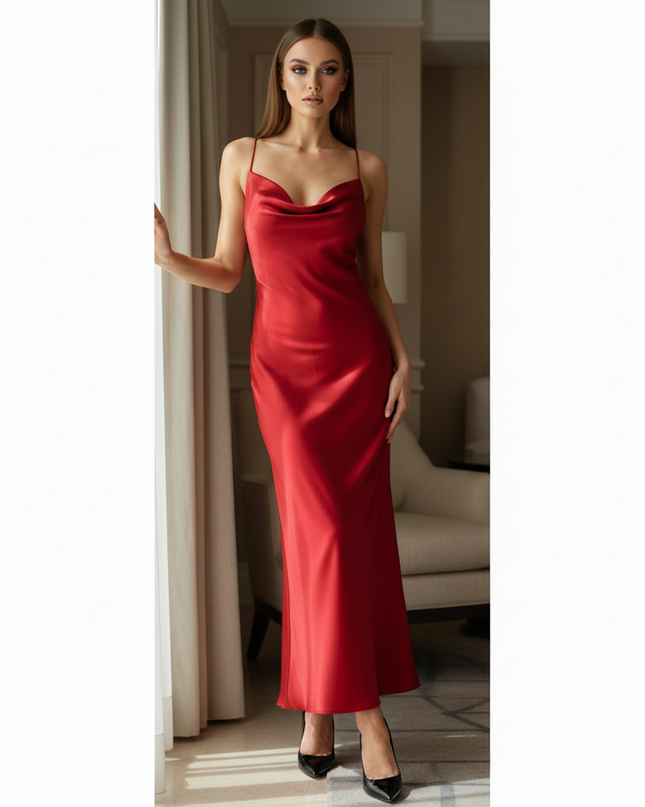 Satin Kleid Red - Satin Midikleid Rueckenfrei - Weinrot Cowl-Neck - Ansicht 3