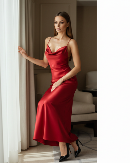 Satin Kleid Red - Satin Midikleid Rueckenfrei - Weinrot Cowl-Neck - Ansicht 5