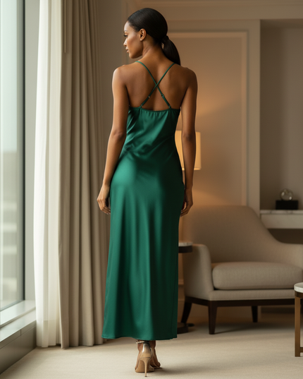 Satin Kleid Green - Satin Midikleid Schlitz Gruen - Spaghettitraeger - Ansicht 2