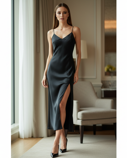 Satin Kleid Black - Satin Midikleid Schlitz Schwarz - Spaghettitraeger - Ansicht 1