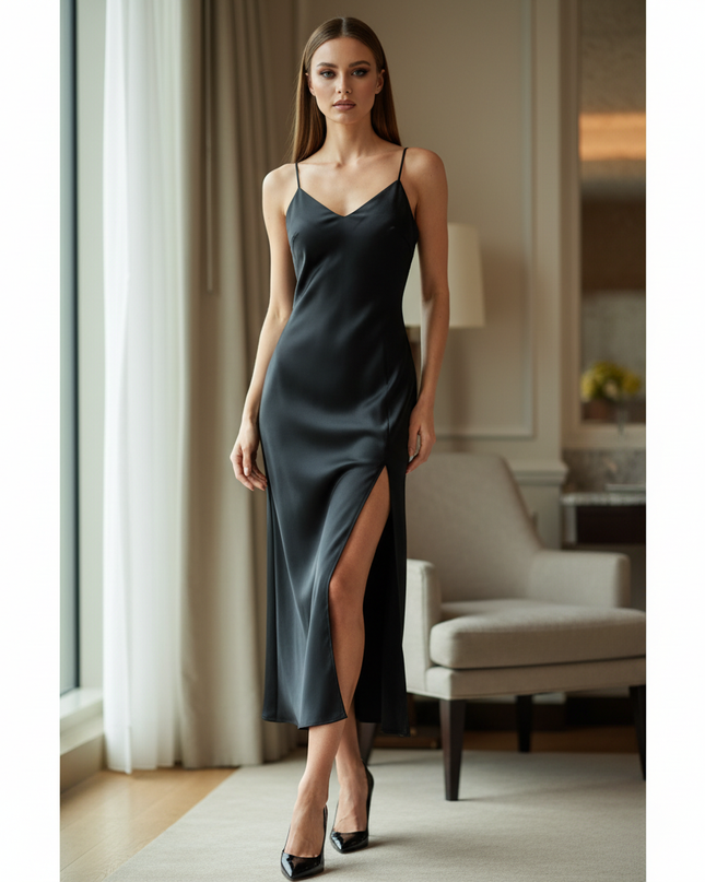 Satin Kleid Black - Satin Midikleid Schlitz Schwarz - Spaghettitraeger - Ansicht 1