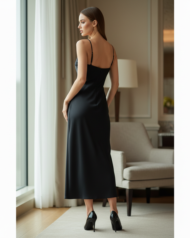 Satin Kleid Black - Satin Midikleid Schlitz Schwarz - Spaghettitraeger - Ansicht 2