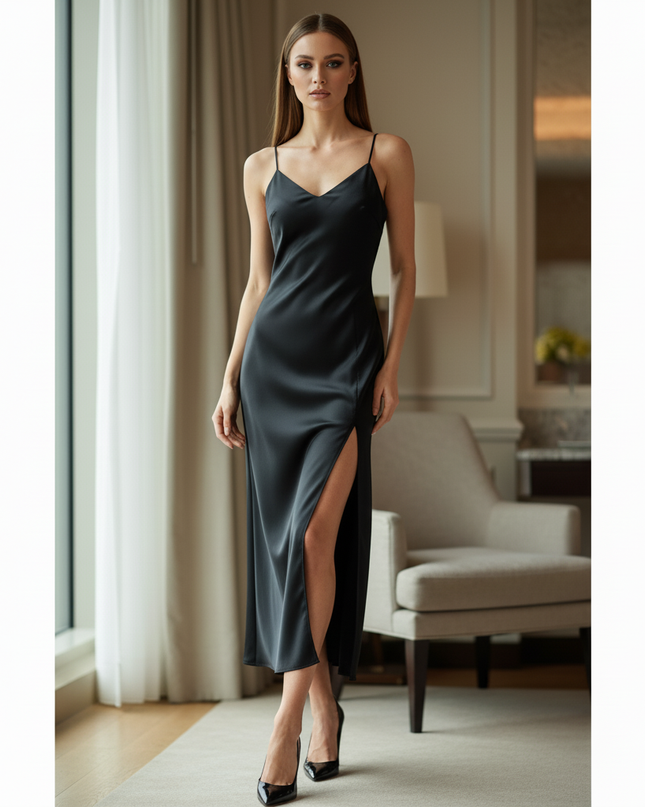 Satin Kleid Black - Satin Midikleid Schlitz Schwarz - Spaghettitraeger - Ansicht 3