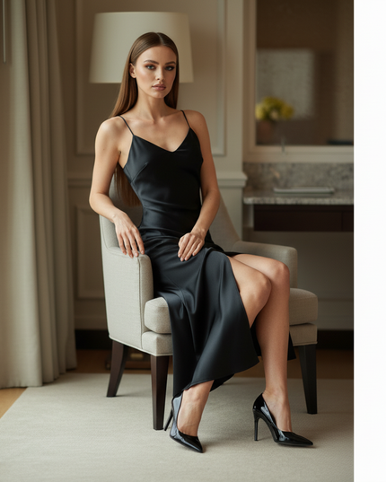 Satin Kleid Black - Satin Midikleid Schlitz Schwarz - Spaghettitraeger - Ansicht 5