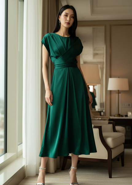 Satin Kleid Green - Satin Midikleid Smaragdgruen - A-Linie Wickel - Ansicht 1
