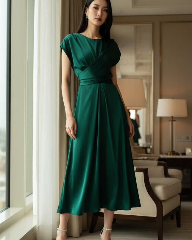 Satin Kleid Green - Satin Midikleid Smaragdgruen - A-Linie Wickel - Ansicht 1