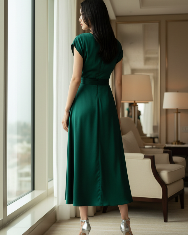Satin Kleid Green - Satin Midikleid Smaragdgruen - A-Linie Wickel - Ansicht 2