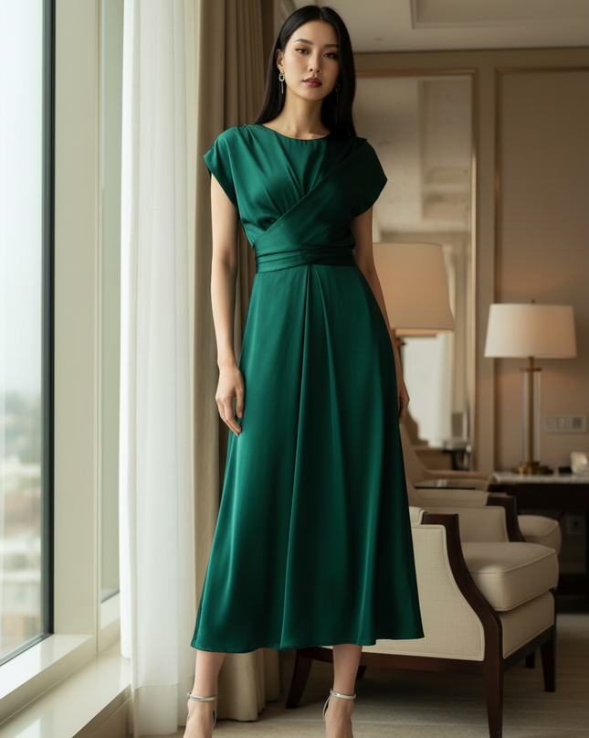 Satin Kleid Green - Satin Midikleid Smaragdgruen - A-Linie Wickel - Ansicht 3