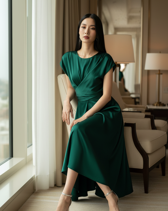 Satin Kleid Green - Satin Midikleid Smaragdgruen - A-Linie Wickel - Ansicht 5