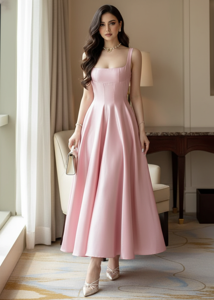 Satin Kleid Pink - Satin Midikleid Spaghettitraeger Rosa - A-Linie - Ansicht 1