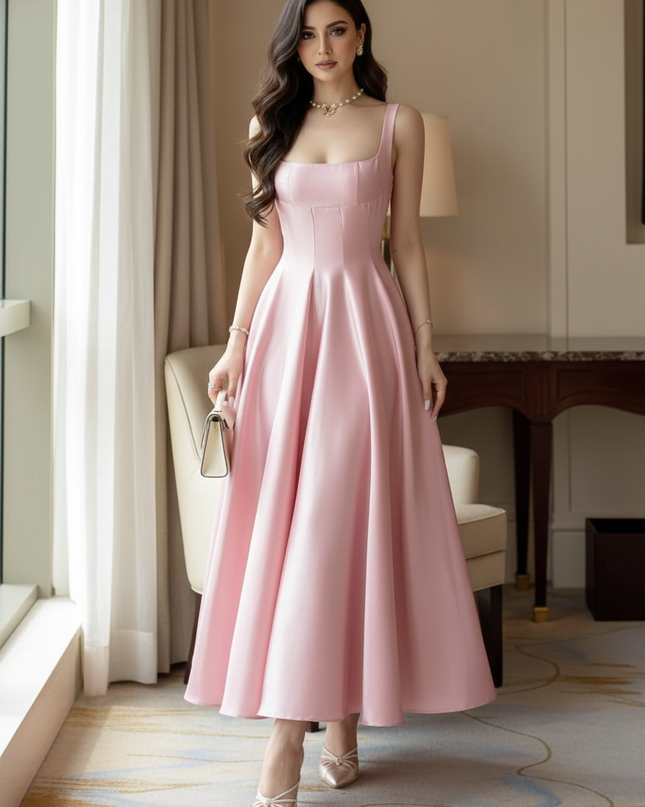 Satin Kleid Pink - Satin Midikleid Spaghettitraeger Rosa - A-Linie - Ansicht 1