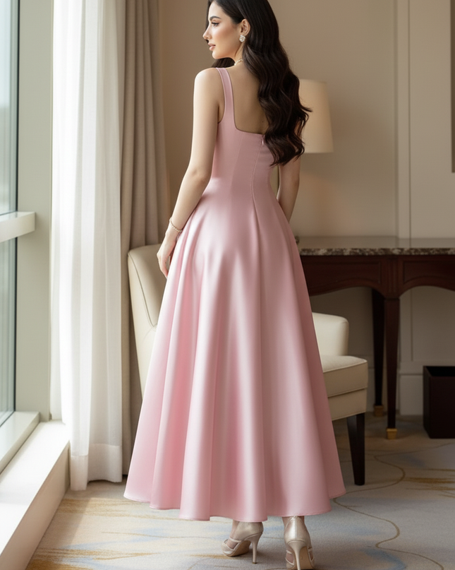 Satin Kleid Pink - Satin Midikleid Spaghettitraeger Rosa - A-Linie - Ansicht 2