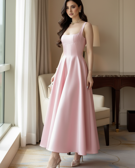 Satin Kleid Pink - Satin Midikleid Spaghettitraeger Rosa - A-Linie - Ansicht 3