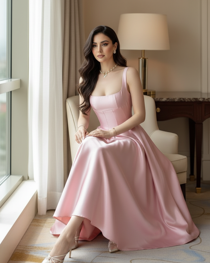 Satin Kleid Pink - Satin Midikleid Spaghettitraeger Rosa - A-Linie - Ansicht 5