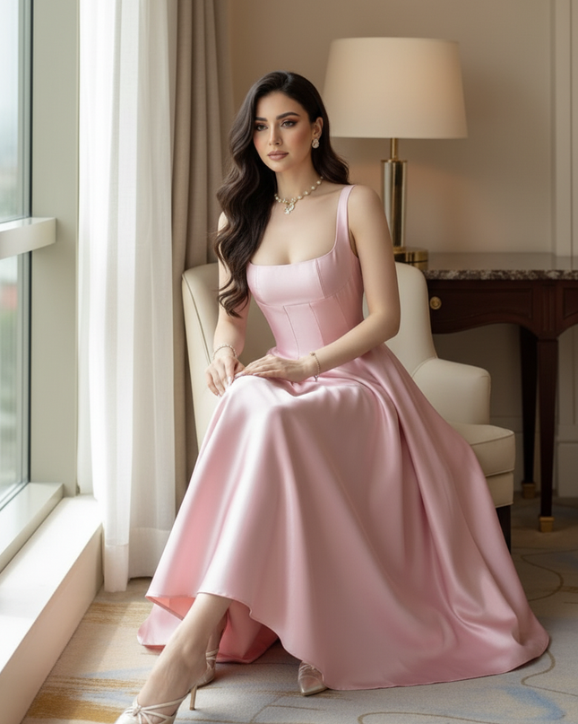 Satin Kleid Pink - Satin Midikleid Spaghettitraeger Rosa - A-Linie - Ansicht 5