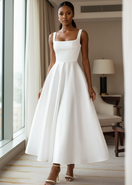 Satin Kleid White - Satin Midikleid Traeger Weiss - A-Linie ZANZEA - Ansicht 1