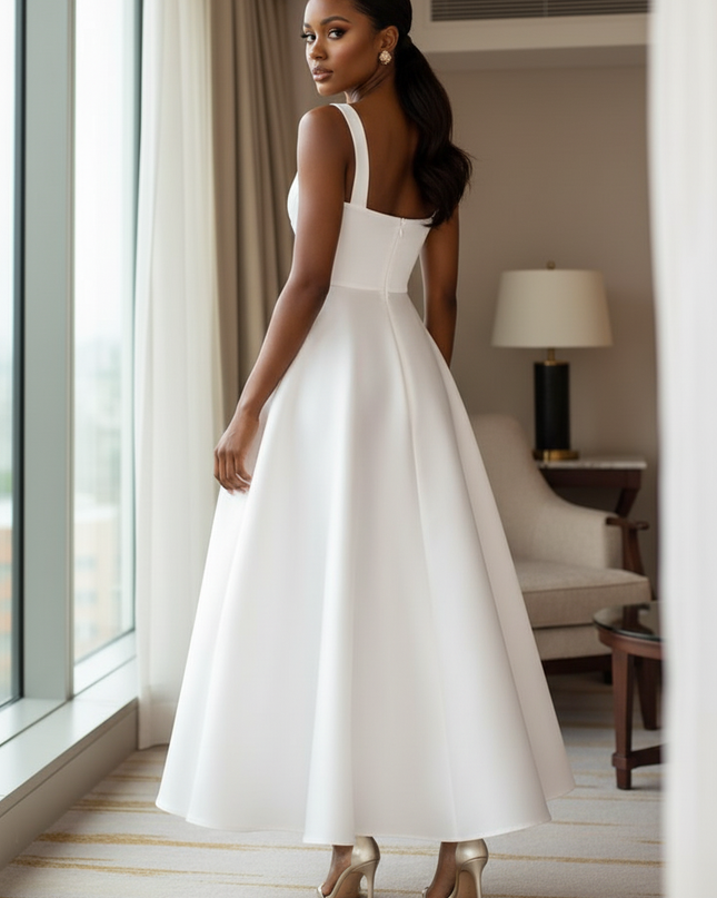 Satin Kleid White - Satin Midikleid Traeger Weiss - A-Linie ZANZEA - Ansicht 2