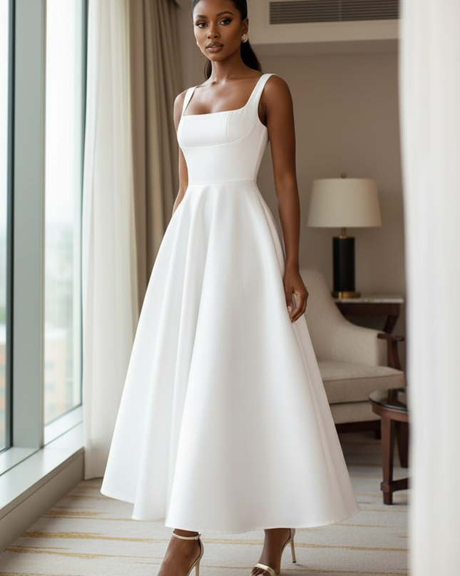 Satin Kleid White - Satin Midikleid Traeger Weiss - A-Linie ZANZEA - Ansicht 3