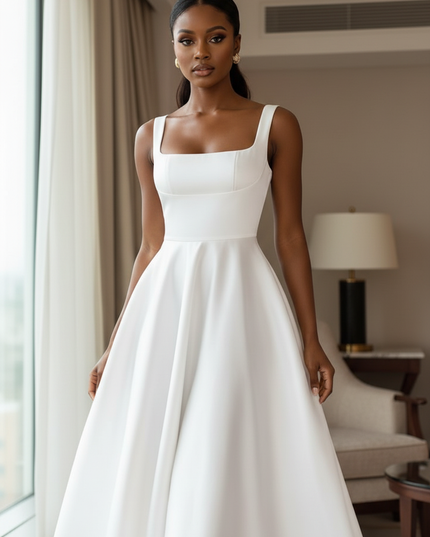 Satin Kleid White - Satin Midikleid Traeger Weiss - A-Linie ZANZEA - Ansicht 4