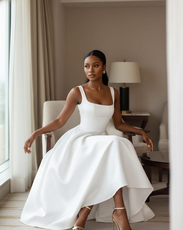 Satin Kleid White - Satin Midikleid Traeger Weiss - A-Linie ZANZEA - Ansicht 5