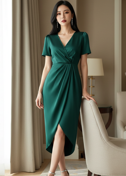 Satin Kleid Green - Satin Midikleid V-Ausschnitt Gruen - Kurzarm - Ansicht 1