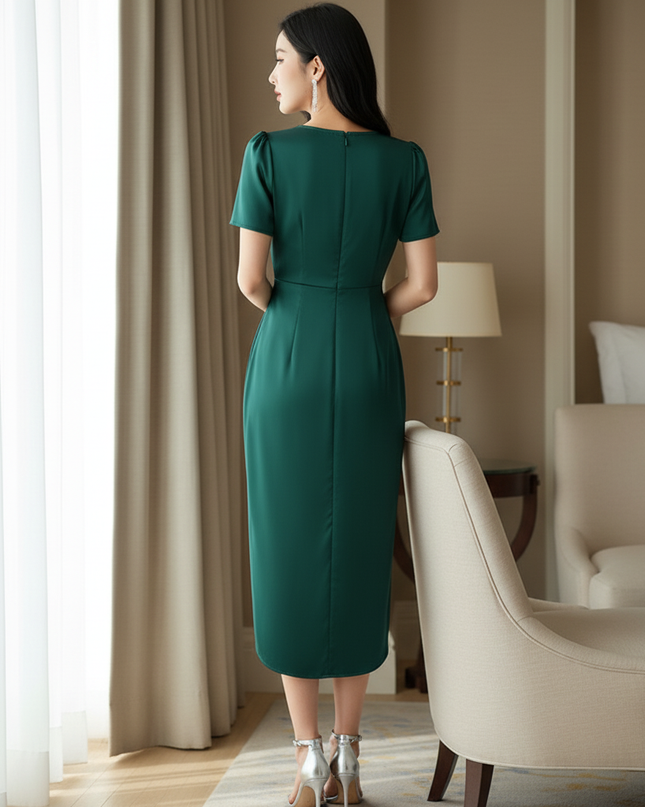 Satin Kleid Green - Satin Midikleid V-Ausschnitt Gruen - Kurzarm - Ansicht 2
