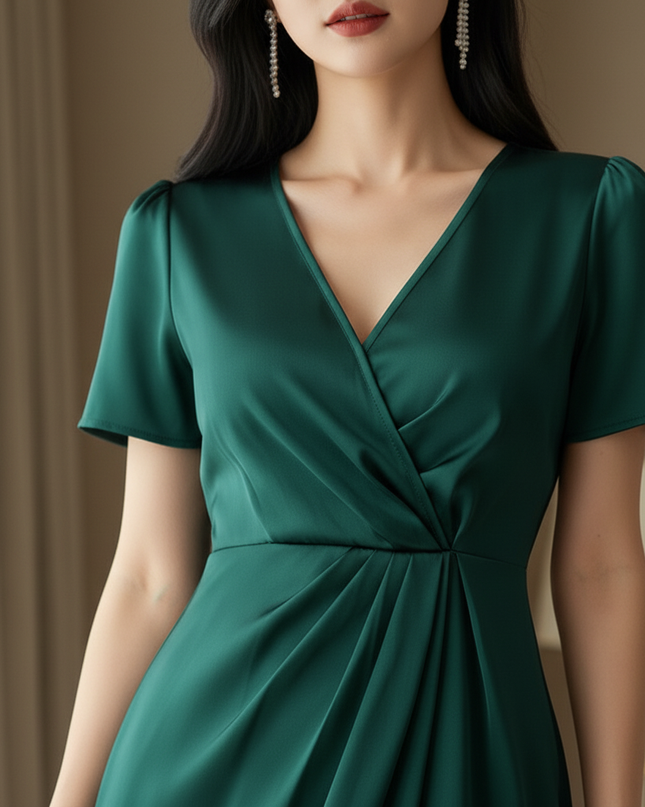 Satin Kleid Green - Satin Midikleid V-Ausschnitt Gruen - Kurzarm - Ansicht 4