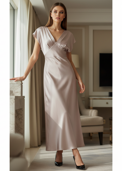 Satin Kleid - Satin Midikleid V-Ausschnitt Weiss - Knot Detail - Ansicht 1