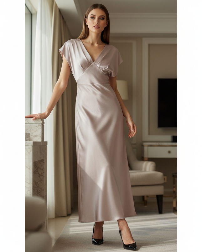 Satin Kleid - Satin Midikleid V-Ausschnitt Weiss - Knot Detail - Ansicht 1