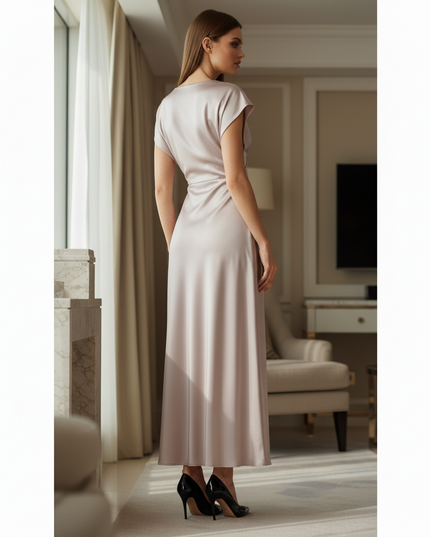 Satin Kleid - Satin Midikleid V-Ausschnitt Weiss - Knot Detail - Ansicht 2