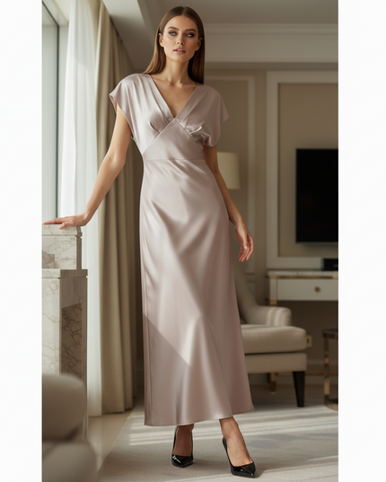 Satin Kleid - Satin Midikleid V-Ausschnitt Weiss - Knot Detail - Ansicht 3