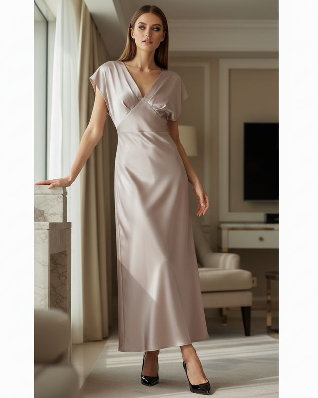 Satin Kleid - Satin Midikleid V-Ausschnitt Weiss - Knot Detail - Ansicht 3