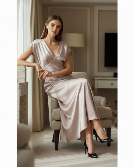 Satin Kleid - Satin Midikleid V-Ausschnitt Weiss - Knot Detail - Ansicht 5
