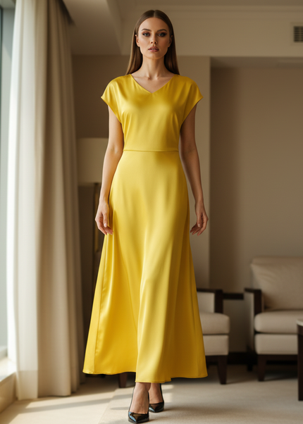 Satin Kleid Yellow - Satin Midikleid Wickel - Khaki Kappenaermel Keyhole - Ansicht 1